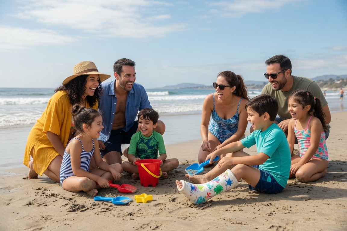 A family laughing together on the beach