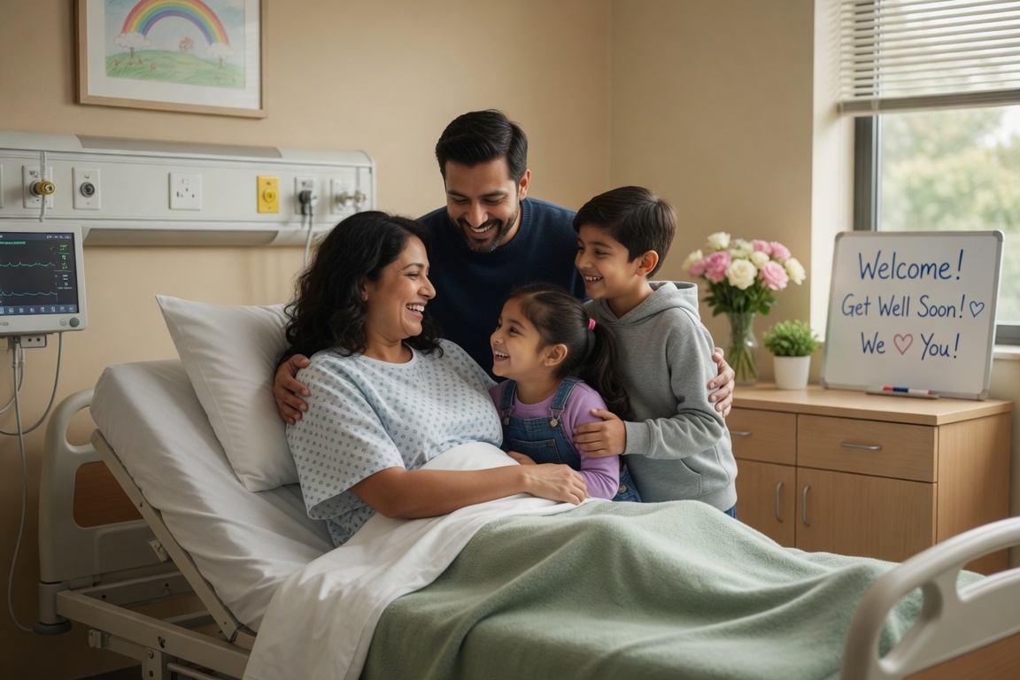 A patient smiling with family gathered around the hospital bed